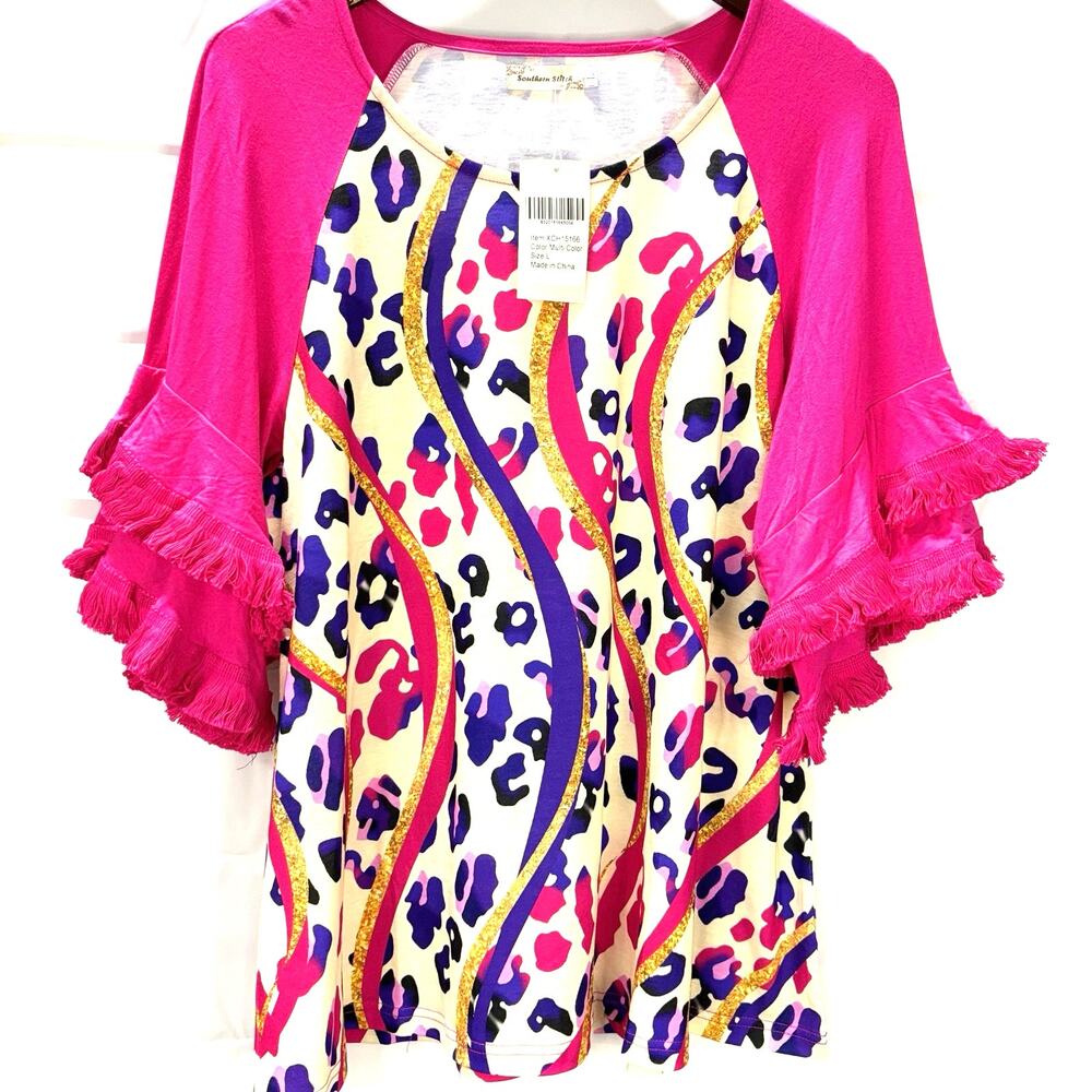 NWT Southern Stitch Leopard Print Tunic Top L Pink Purple Fringe Bell Sleeve